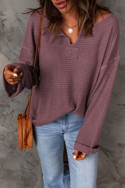 image-purple Waffle Knit Loose Long Sleeve Top