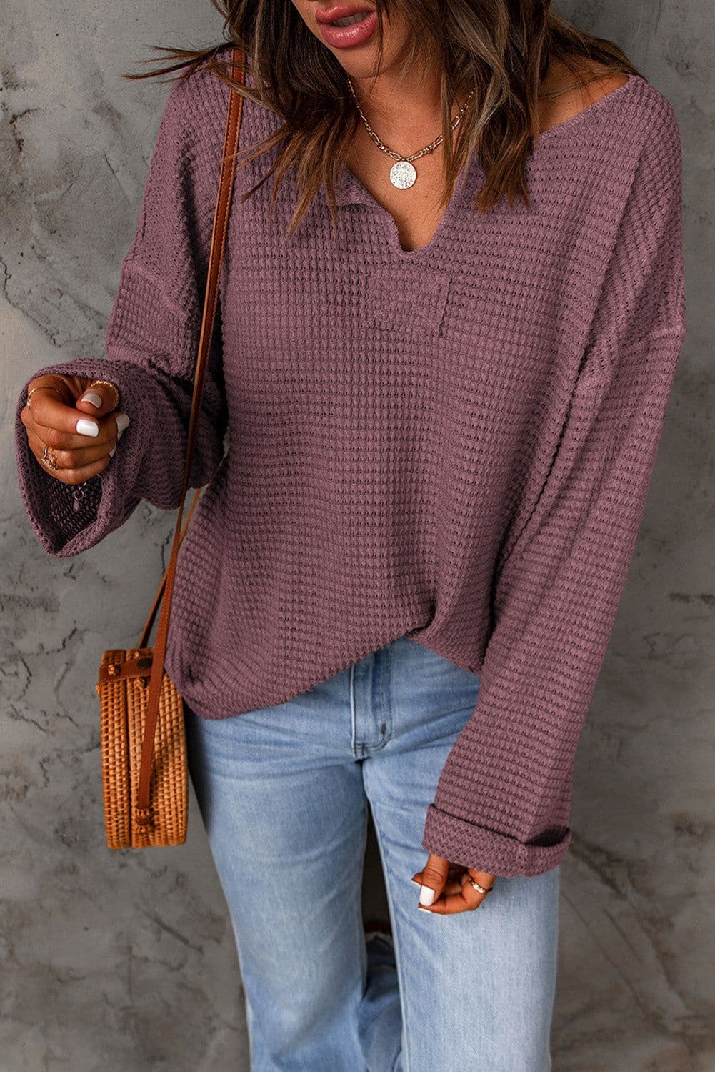 image-purple Waffle Knit Loose Long Sleeve Top