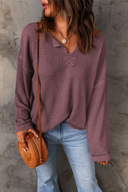 image-purple Waffle Knit Loose Long Sleeve Top