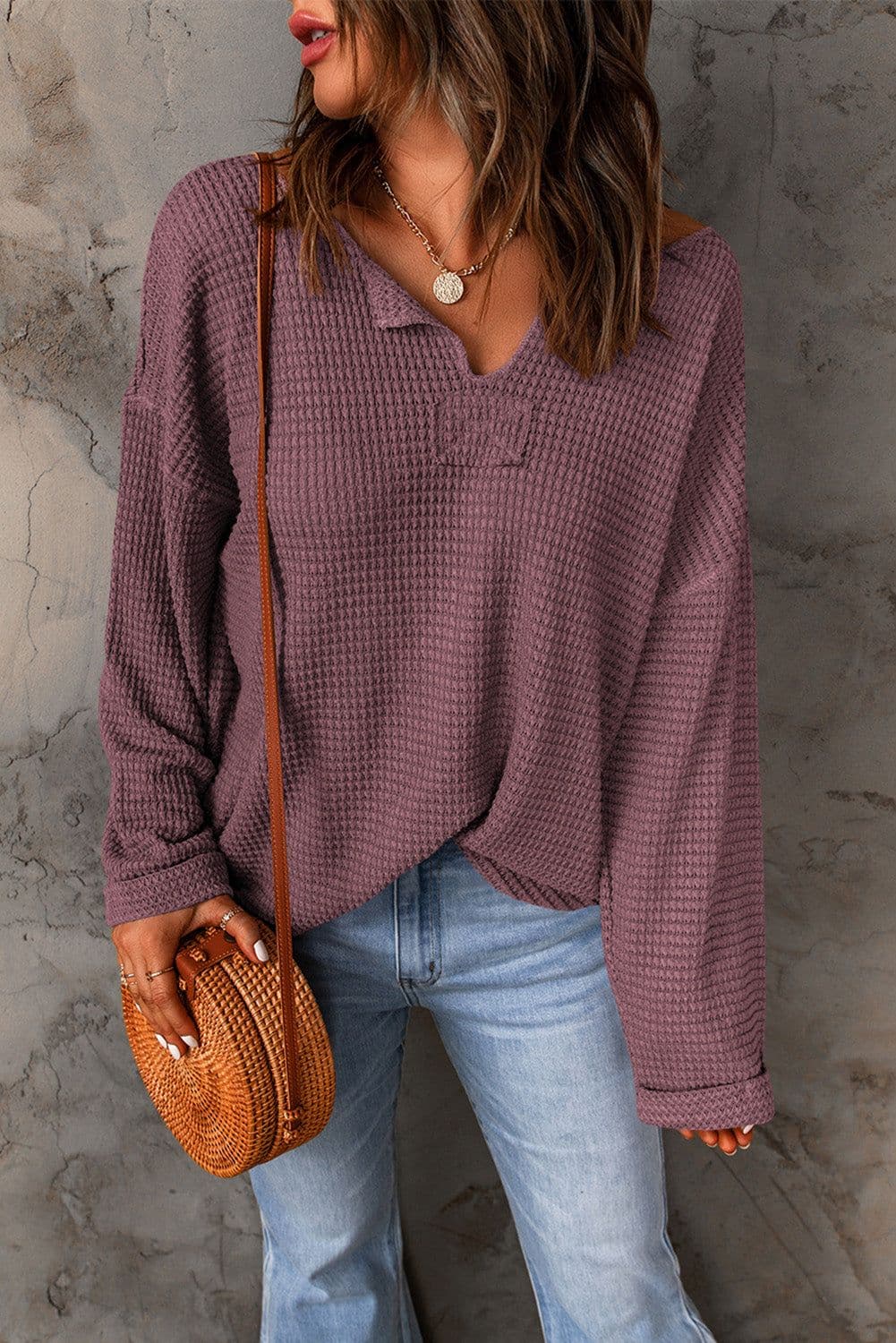 image-purple Waffle Knit Loose Long Sleeve Top