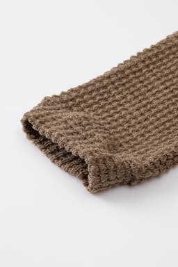 image-Dark Brown Waffle Knit Drop Shoulder Long Sleeve Top