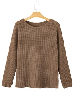 image-Dark Brown Waffle Knit Drop Shoulder Long Sleeve Top
