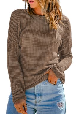 image-Dark Brown Waffle Knit Drop Shoulder Long Sleeve Top