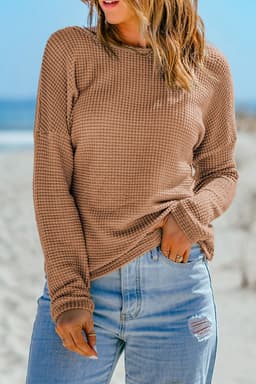 image-Dark Brown Waffle Knit Drop Shoulder Long Sleeve Top
