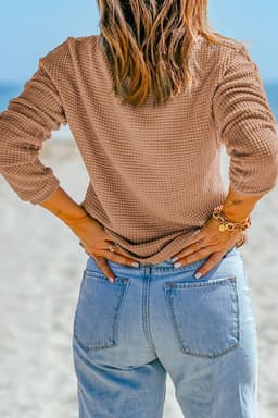 image-Dark Brown Waffle Knit Drop Shoulder Long Sleeve Top
