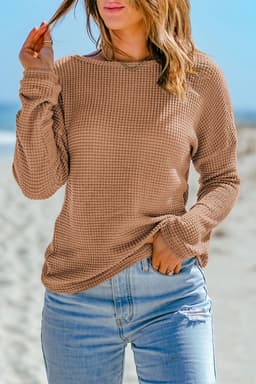 image-Dark Brown Waffle Knit Drop Shoulder Long Sleeve Top