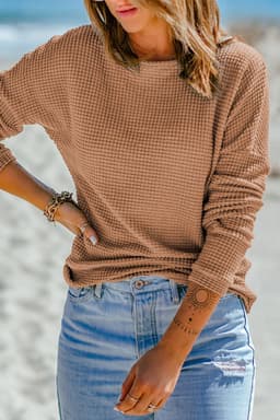 image-Dark Brown Waffle Knit Drop Shoulder Long Sleeve Top