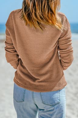 image-Dark Brown Waffle Knit Drop Shoulder Long Sleeve Top