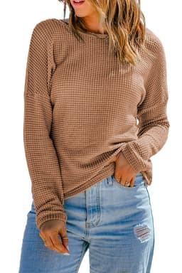 image-Dark Brown Waffle Knit Drop Shoulder Long Sleeve Top