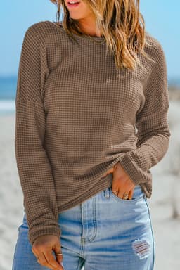 image-Dark Brown Waffle Knit Drop Shoulder Long Sleeve Top