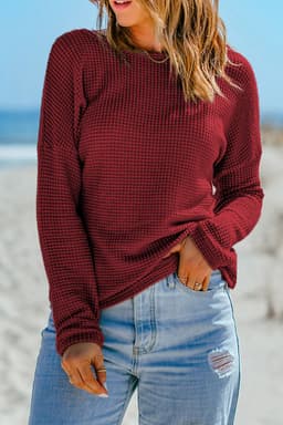 image-Dark Brown Waffle Knit Drop Shoulder Long Sleeve Top