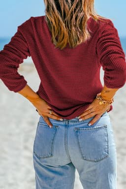image-Dark Brown Waffle Knit Drop Shoulder Long Sleeve Top