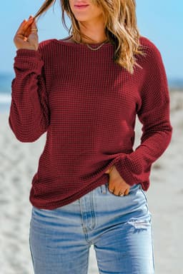image-Dark Brown Waffle Knit Drop Shoulder Long Sleeve Top