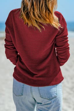 image-Dark Brown Waffle Knit Drop Shoulder Long Sleeve Top