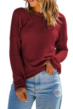 image-Dark Brown Waffle Knit Drop Shoulder Long Sleeve Top