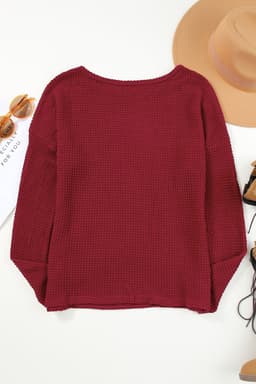 image-Dark Brown Waffle Knit Drop Shoulder Long Sleeve Top