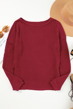 image-Dark Brown Waffle Knit Drop Shoulder Long Sleeve Top