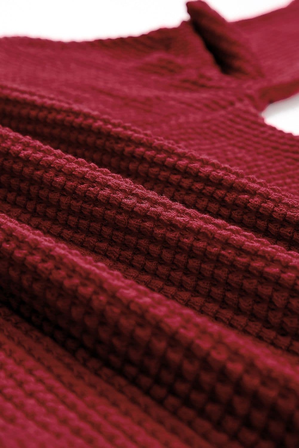 image-Dark Brown Waffle Knit Drop Shoulder Long Sleeve Top