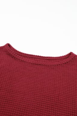 image-Dark Brown Waffle Knit Drop Shoulder Long Sleeve Top