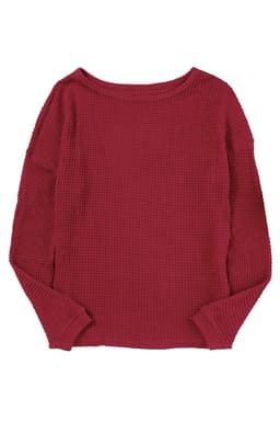 image-Dark Brown Waffle Knit Drop Shoulder Long Sleeve Top