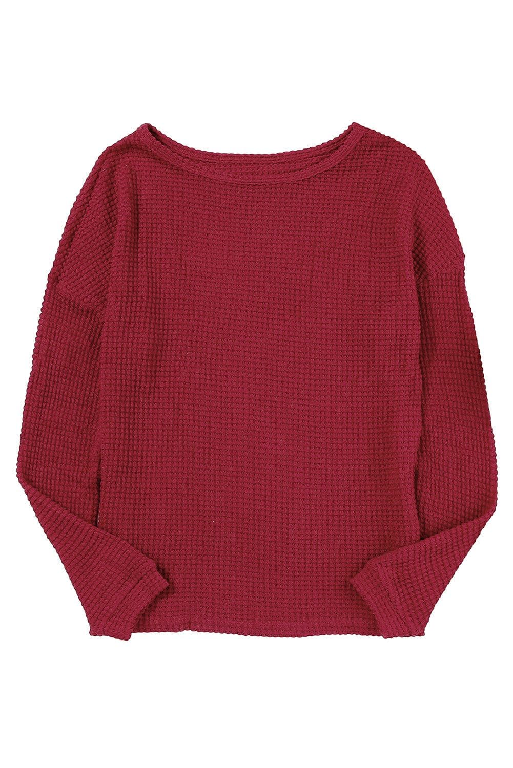 image-Dark Brown Waffle Knit Drop Shoulder Long Sleeve Top
