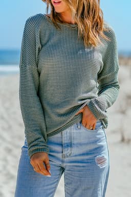 image-Dark Brown Waffle Knit Drop Shoulder Long Sleeve Top