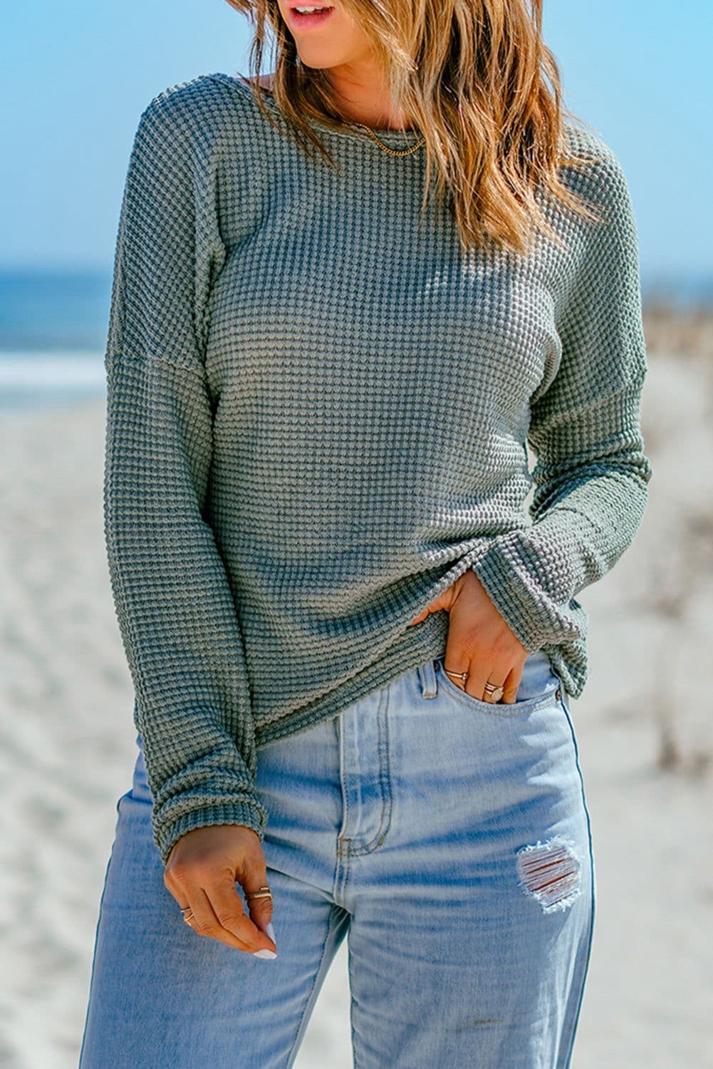 image-Dark Brown Waffle Knit Drop Shoulder Long Sleeve Top