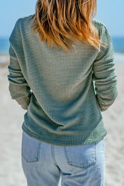image-Dark Brown Waffle Knit Drop Shoulder Long Sleeve Top