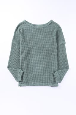 image-Dark Brown Waffle Knit Drop Shoulder Long Sleeve Top