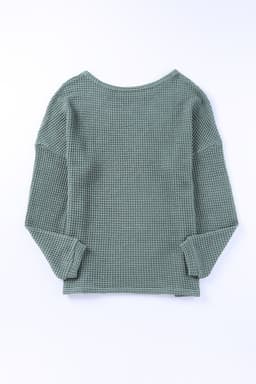 image-Dark Brown Waffle Knit Drop Shoulder Long Sleeve Top