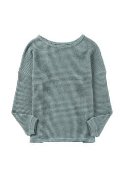 image-Dark Brown Waffle Knit Drop Shoulder Long Sleeve Top
