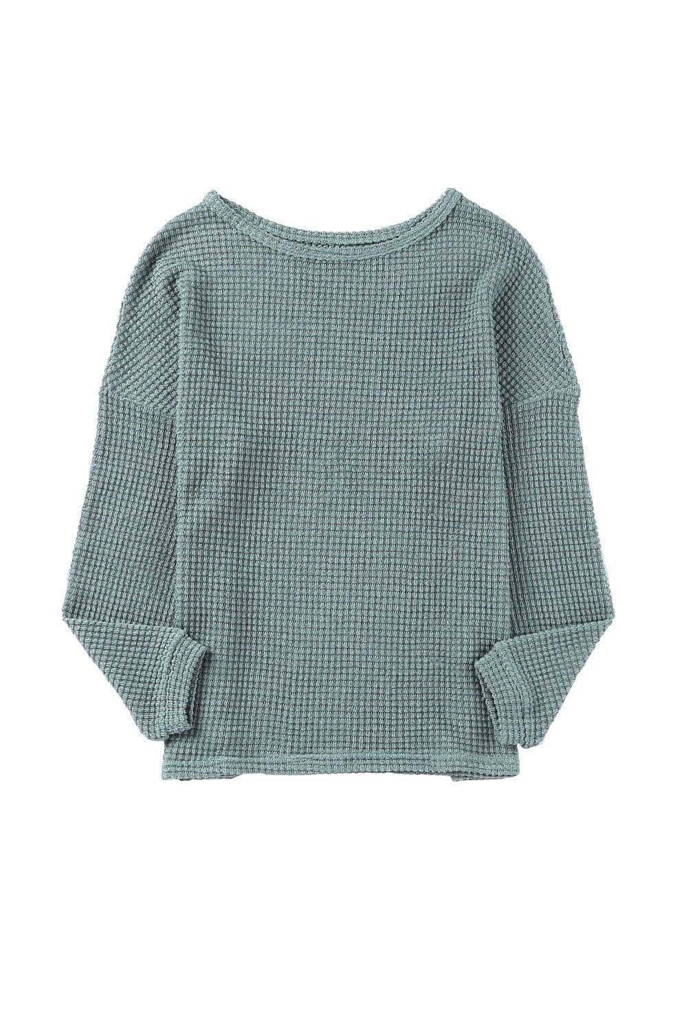 image-Dark Brown Waffle Knit Drop Shoulder Long Sleeve Top