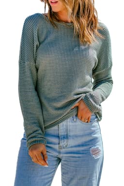 image-Dark Brown Waffle Knit Drop Shoulder Long Sleeve Top
