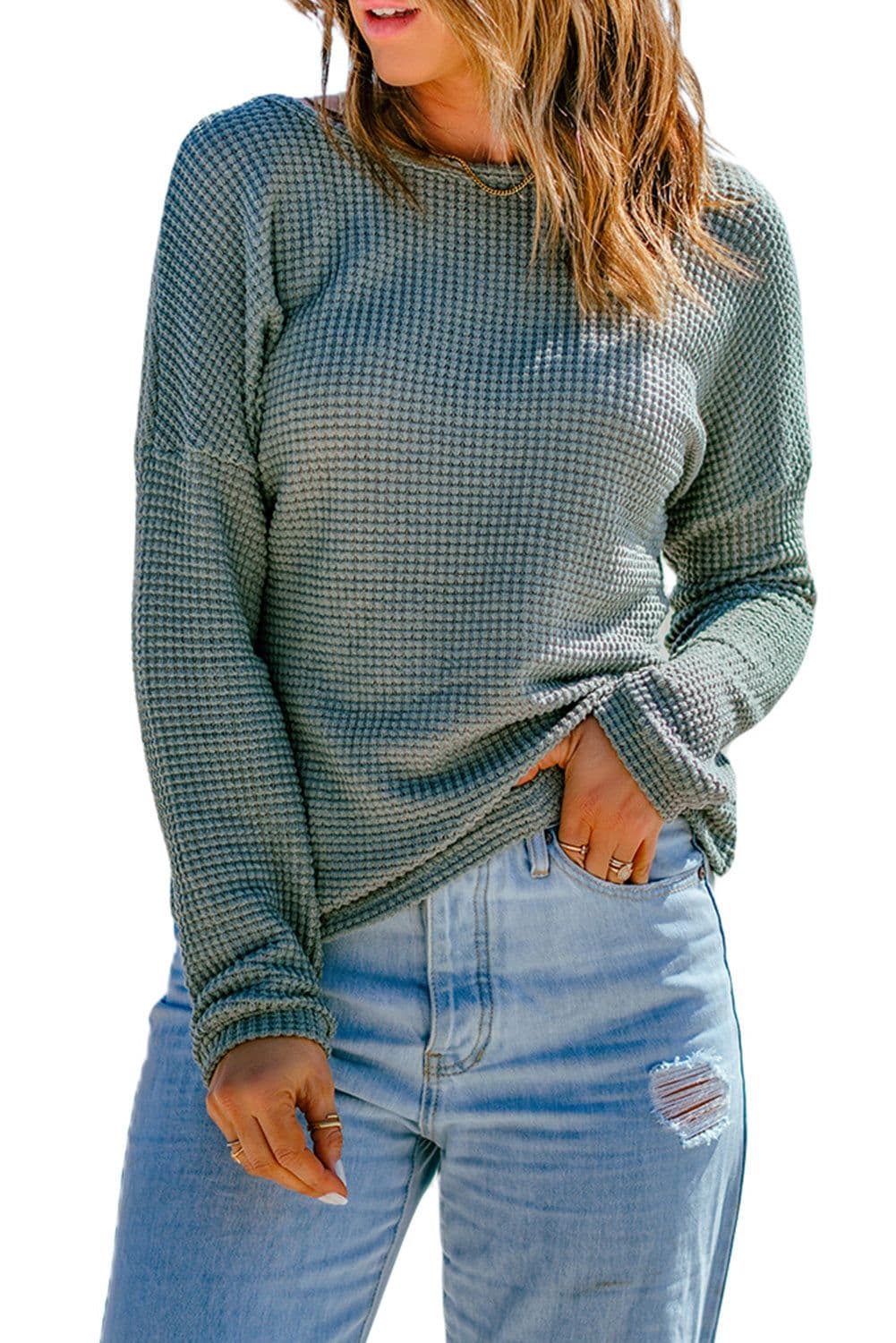 image-Dark Brown Waffle Knit Drop Shoulder Long Sleeve Top