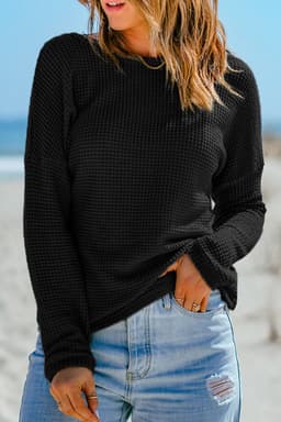 image-Dark Brown Waffle Knit Drop Shoulder Long Sleeve Top