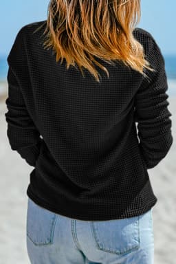 image-Dark Brown Waffle Knit Drop Shoulder Long Sleeve Top