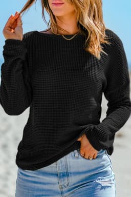 image-Dark Brown Waffle Knit Drop Shoulder Long Sleeve Top