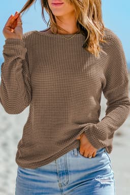 image-Dark Brown Waffle Knit Drop Shoulder Long Sleeve Top