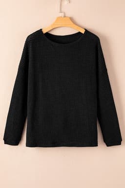 image-Dark Brown Waffle Knit Drop Shoulder Long Sleeve Top
