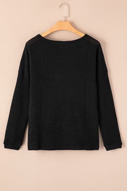 image-Dark Brown Waffle Knit Drop Shoulder Long Sleeve Top