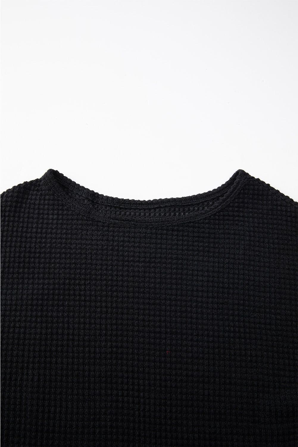 image-Dark Brown Waffle Knit Drop Shoulder Long Sleeve Top