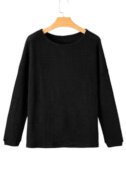 image-Dark Brown Waffle Knit Drop Shoulder Long Sleeve Top