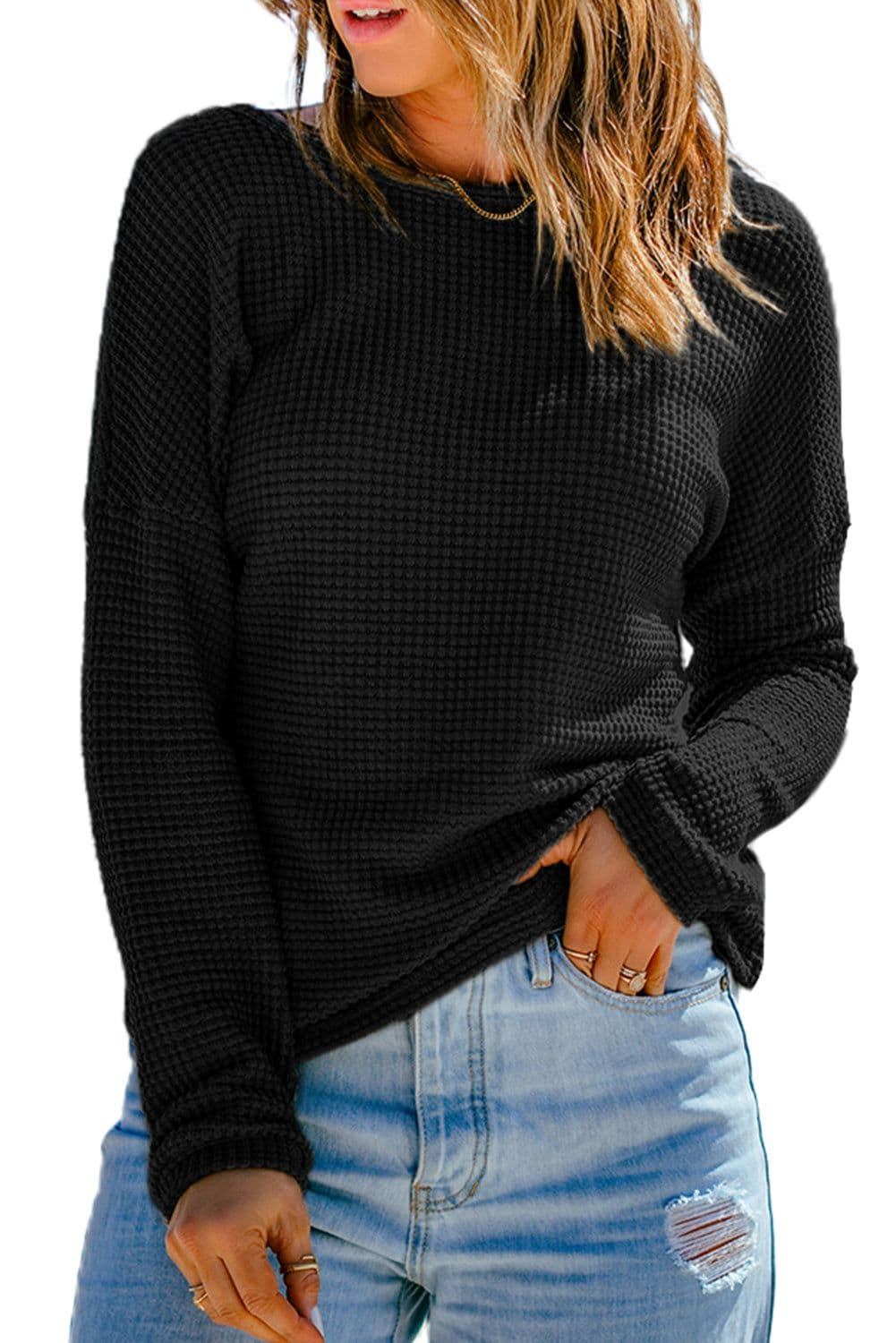 image-Dark Brown Waffle Knit Drop Shoulder Long Sleeve Top