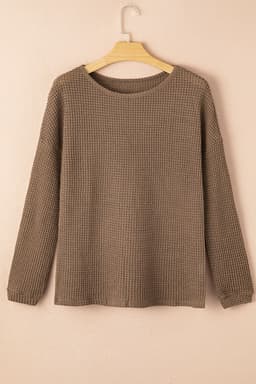 image-Dark Brown Waffle Knit Drop Shoulder Long Sleeve Top