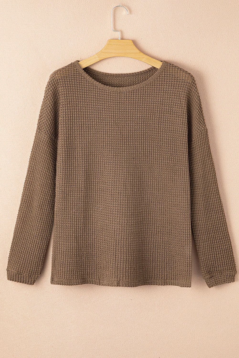 image-Dark Brown Waffle Knit Drop Shoulder Long Sleeve Top