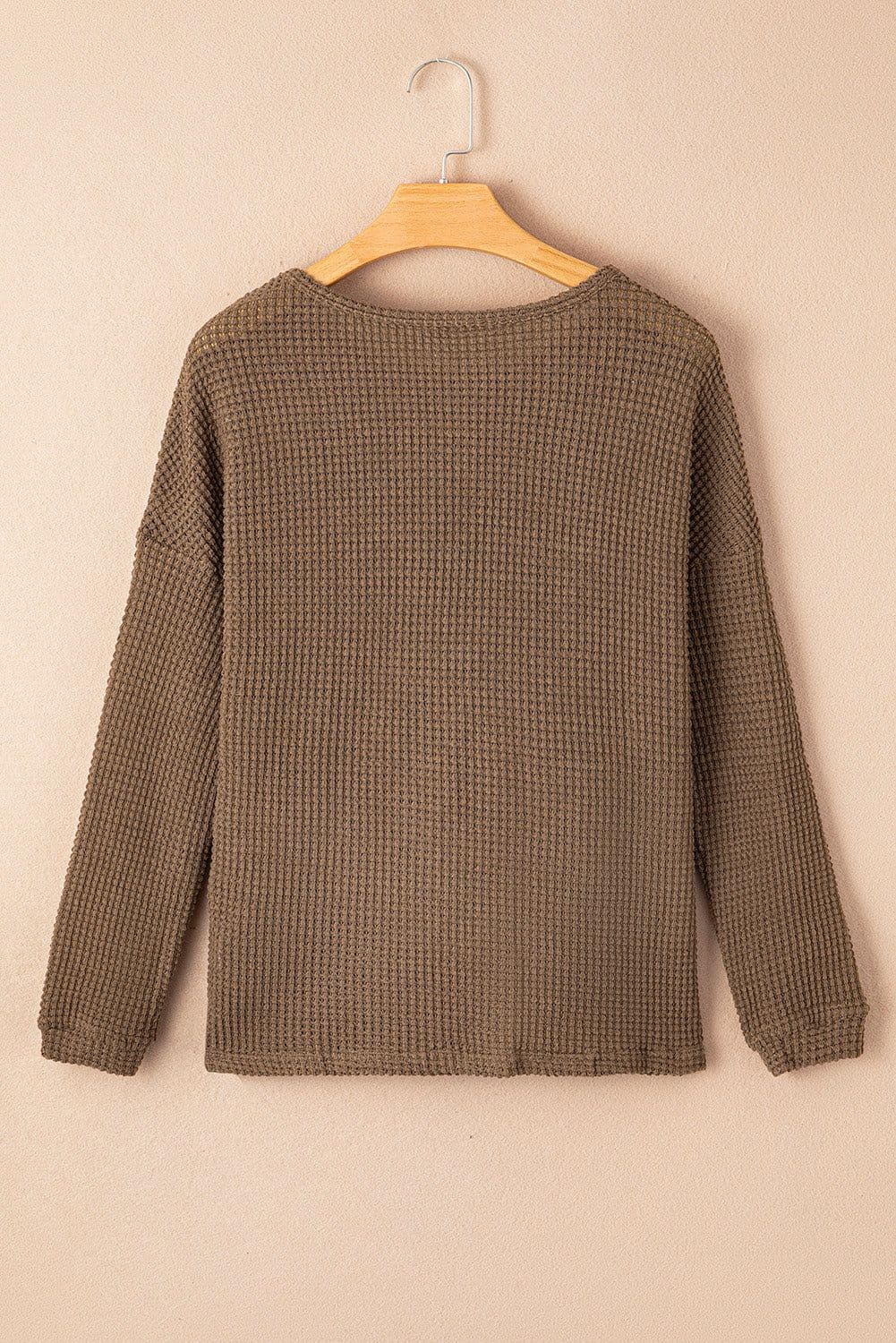image-Dark Brown Waffle Knit Drop Shoulder Long Sleeve Top