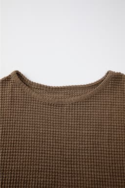 image-Dark Brown Waffle Knit Drop Shoulder Long Sleeve Top