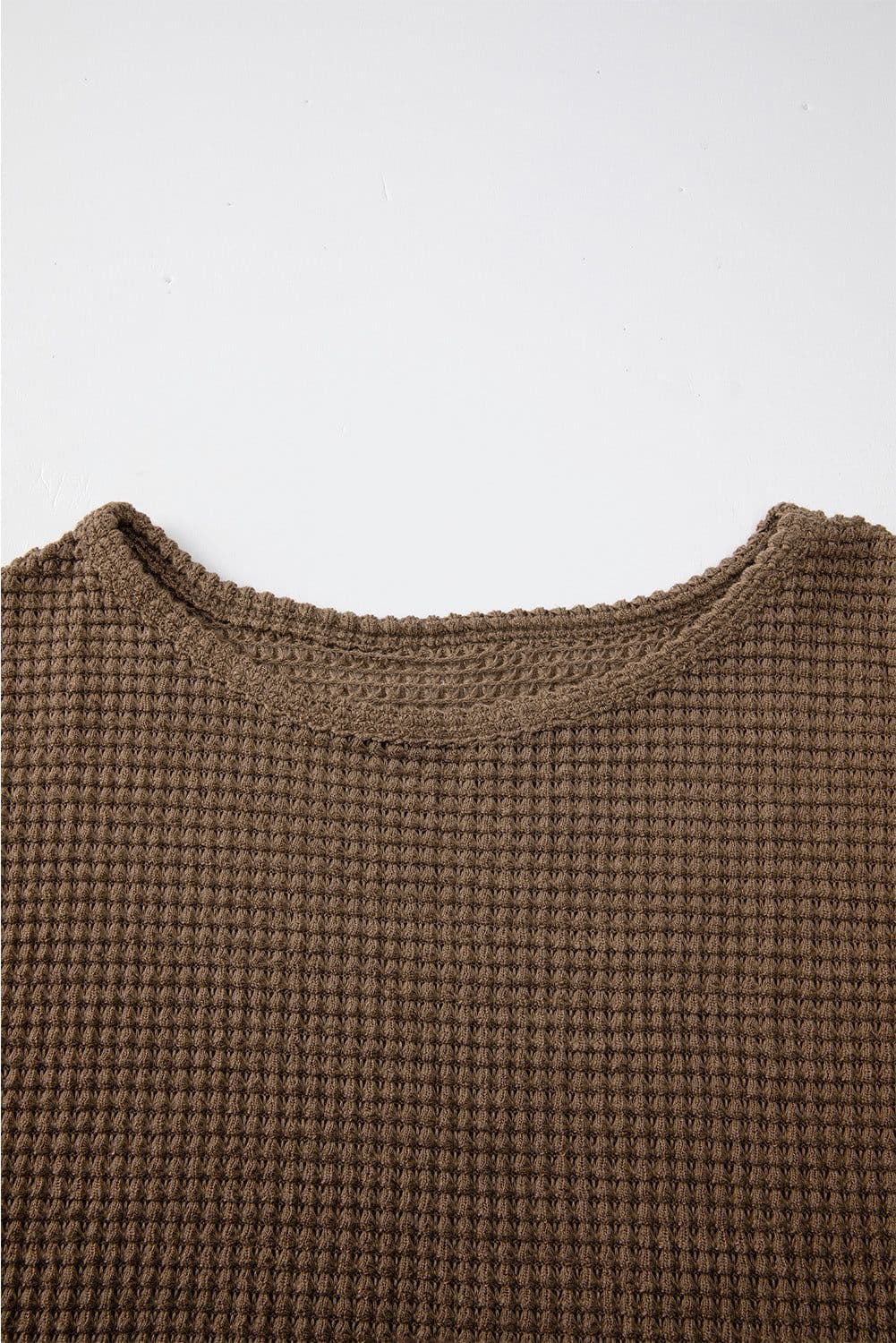 image-Dark Brown Waffle Knit Drop Shoulder Long Sleeve Top