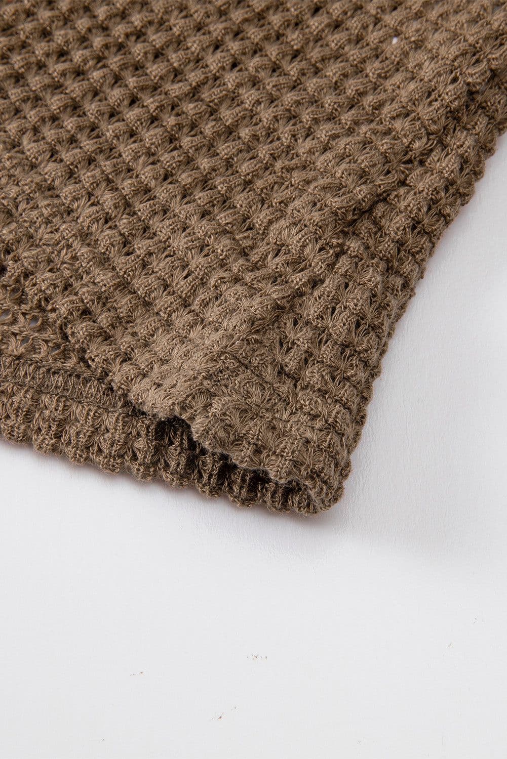 image-Dark Brown Waffle Knit Drop Shoulder Long Sleeve Top