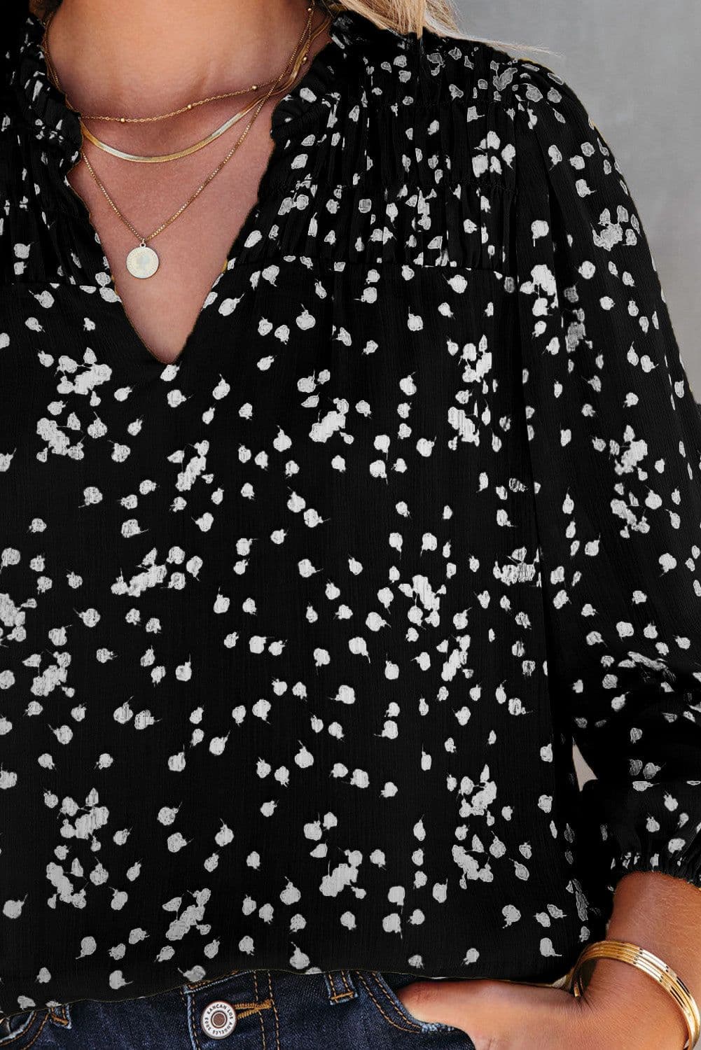 image-Pink Split Neck Fall Printed Crinkled Blouse